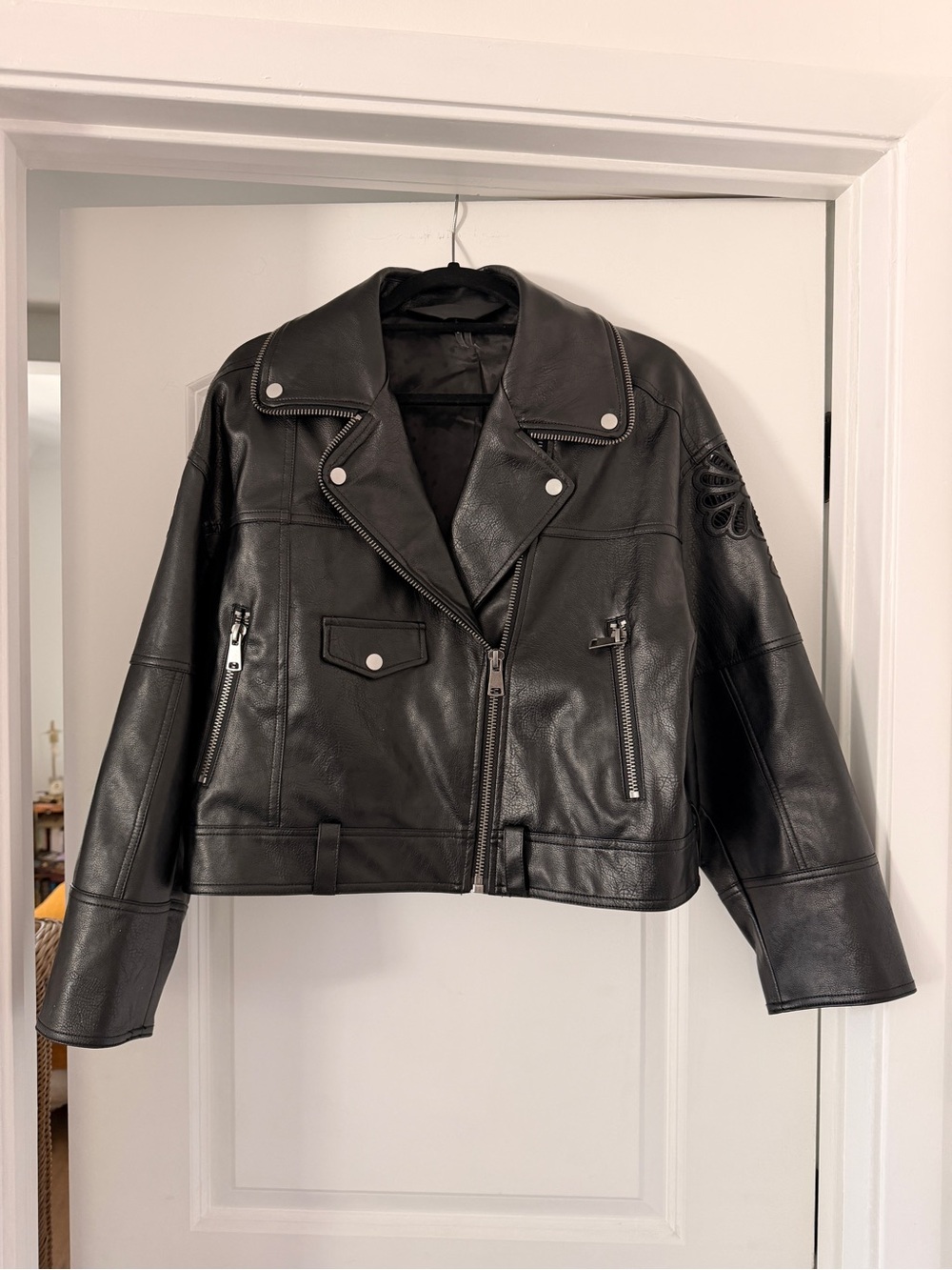 Anthropologie Black Faux Leather Moto Jacket with Notch Lapel - Picture 2 of 5